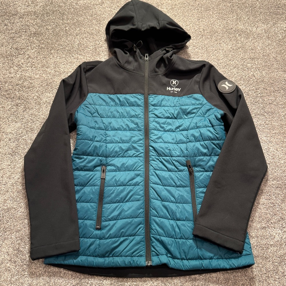 Hurley Hybrid Puffer Jacket Mens Small Blue Black Surf Outdoor Hooded Quilted